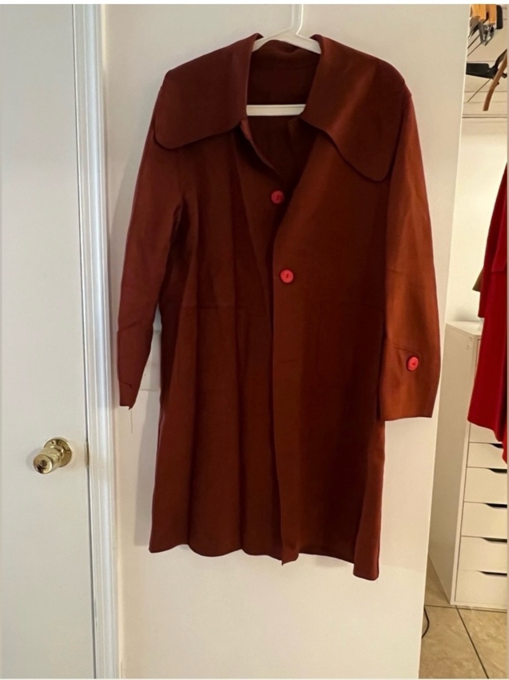 Women’s Rust Red Long Coat with Statement Collar